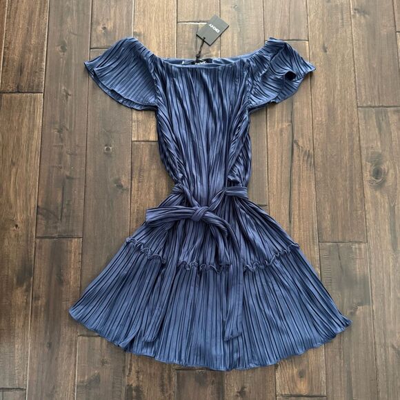 DKNY Slate Blue Off the Shoulder Pleated Belted Dress 14 NWT - Picture 1 of 7